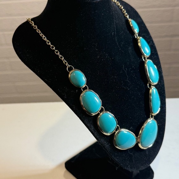 Turquoise Statement Necklace Gold Tone Chain Fashion Jewelry Women - Picture 3 of 4